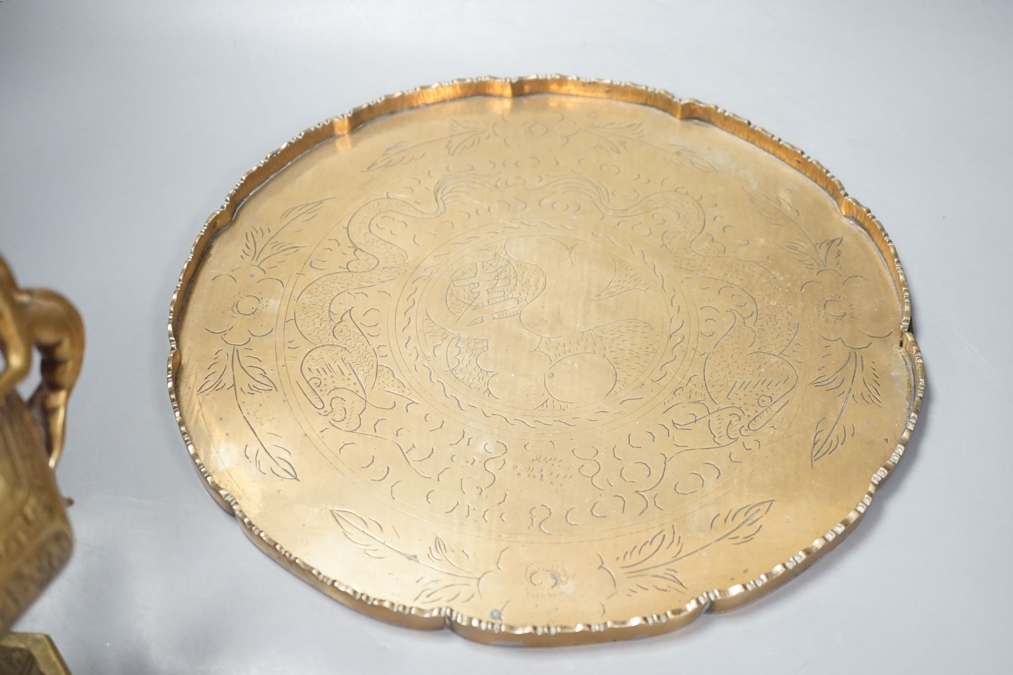 Two early 20th century Chinese bronze vases and a similar tray, 35cm diam.